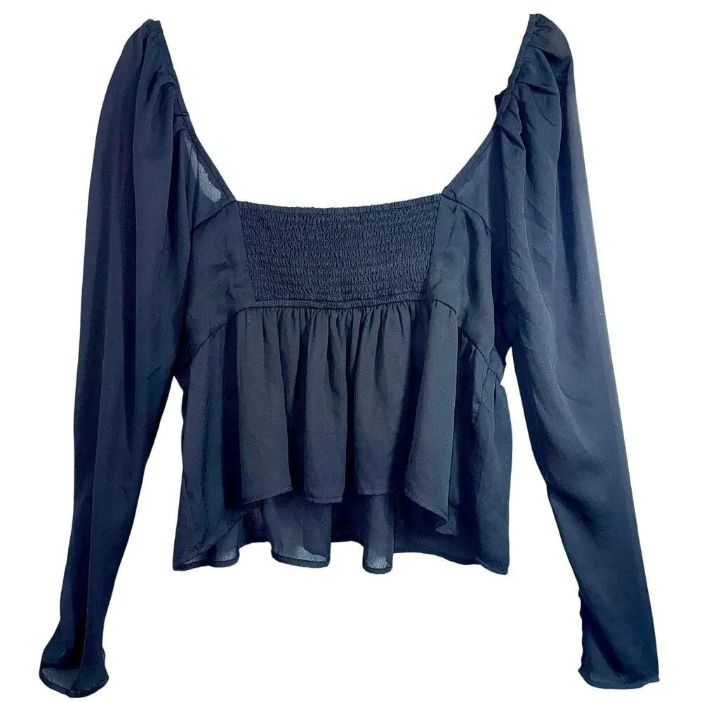Abercrombie & Fitch Black Sheer Ruched Peplum Smocked Puff Sleeve Crop Top Sz L